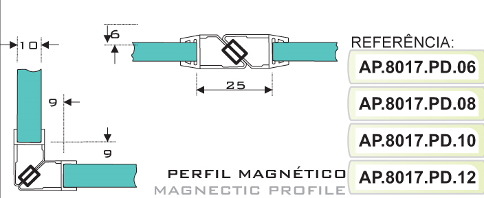 Perfil Plástico de 6mm, 90º magnético com 2.5 mts