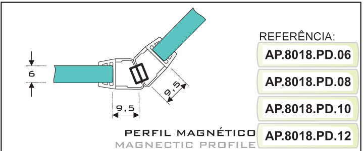 Perfil Plástico de 6mm, 90º magnético com 2.5 mts